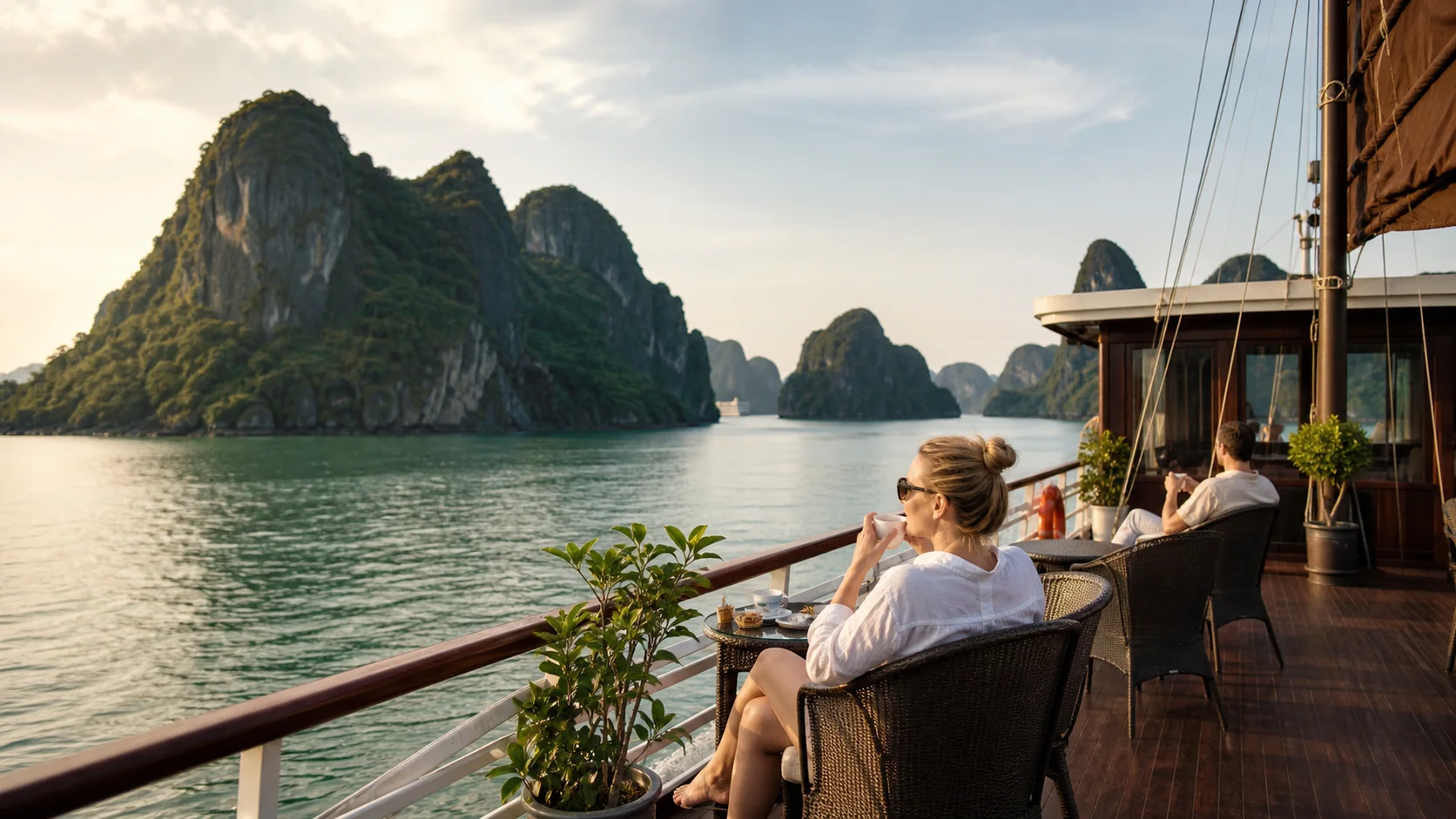 Travelers enjoying a Halong Bay cruise