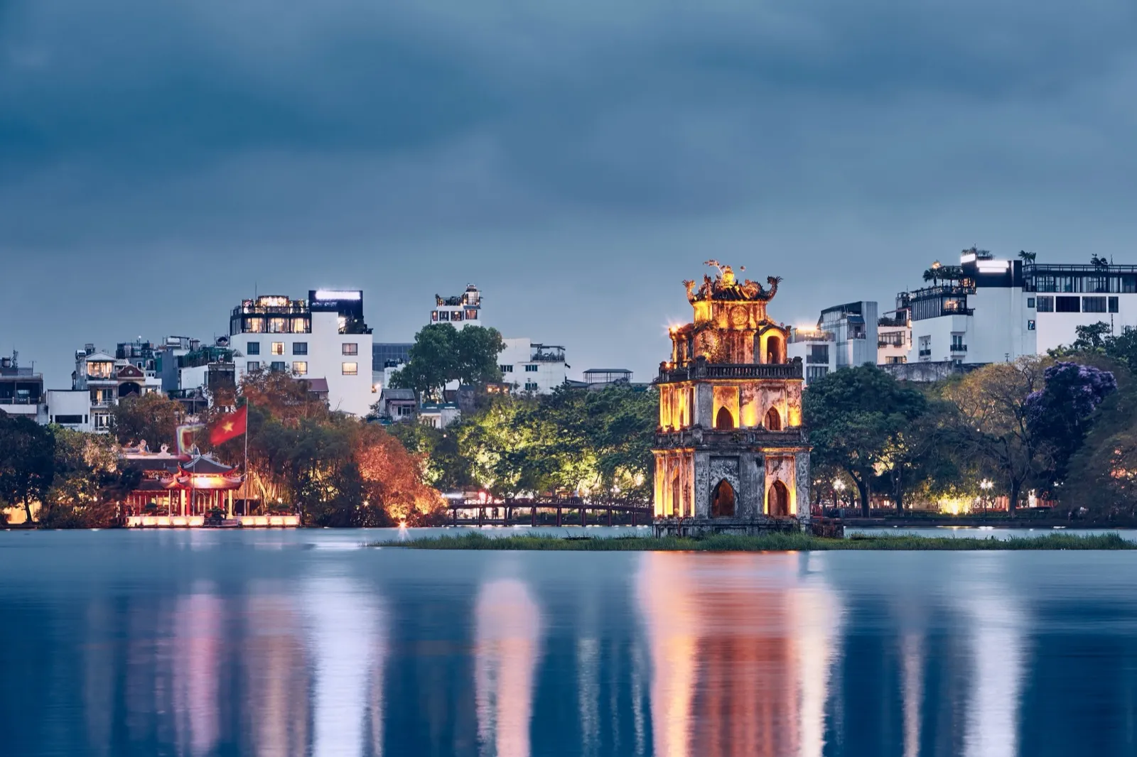 Turtle Tower on Hoan Kiem Lake in Hanoi at dusk