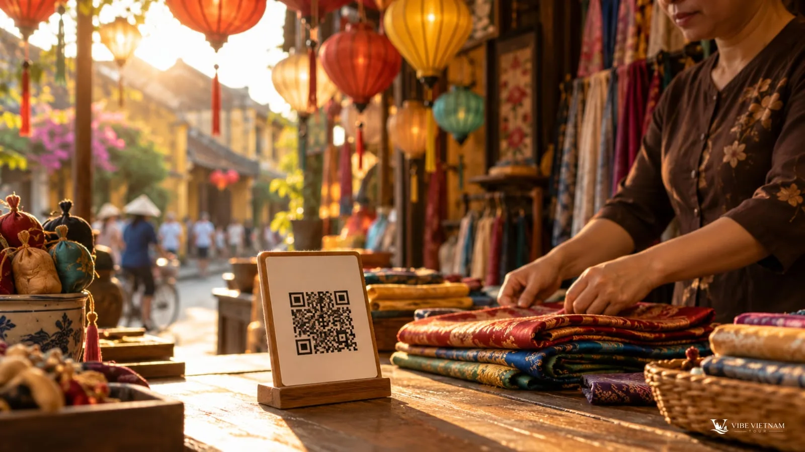 A QR code payment stand on the counter of a silk and lantern shop in Hoi An Ancient Town