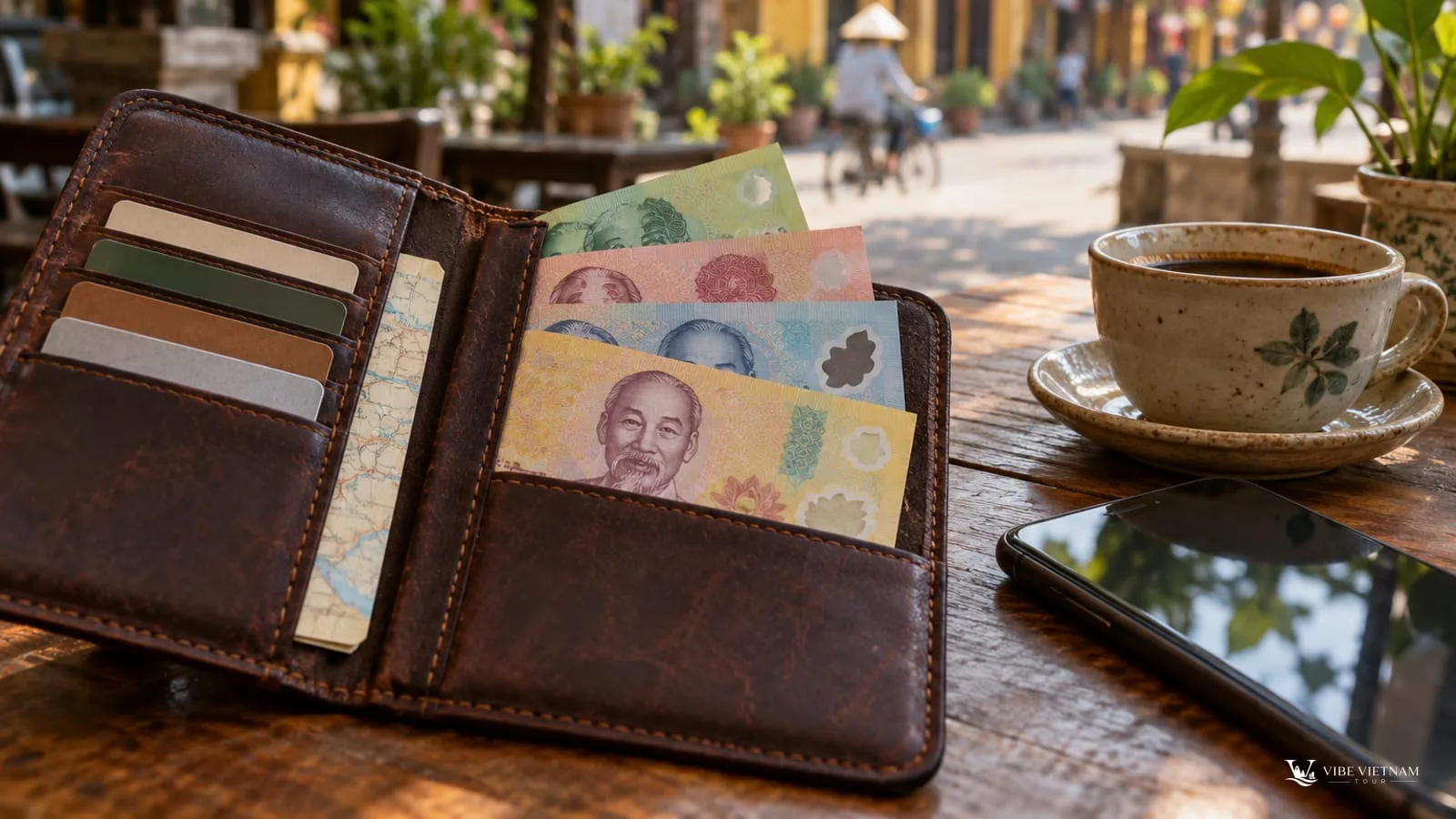 An open travel wallet holding Vietnamese polymer banknotes beside a coffee cup and phone on a cafe table