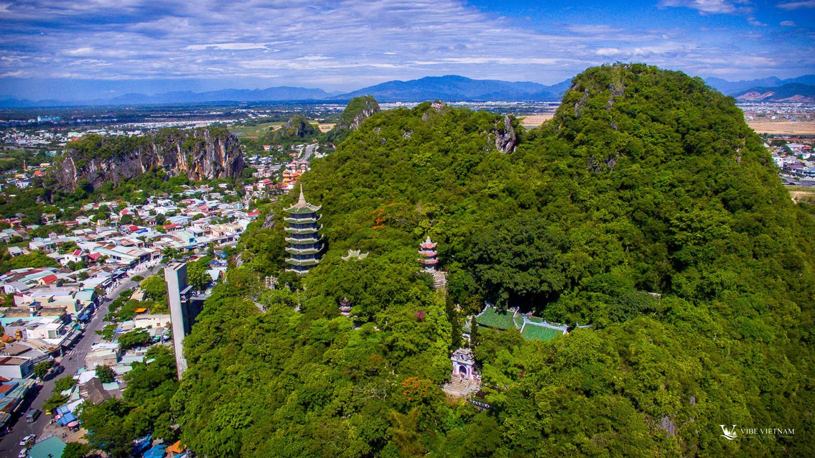 Aerial view of the Marble Mountains above Non Nuoc Beach, Da Nang